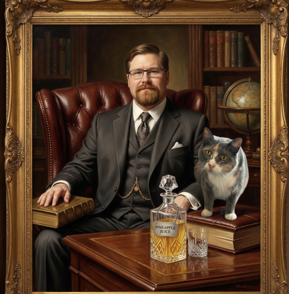 Harlan Pike with cat and pineapple juice